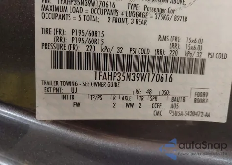 2009 Ford Focus Se z USA, uszkodzony, nr VIN 1FAHP35N39W170616